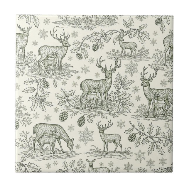 Green Toile Woodland Deer Christmas Pattern (3) Ceramic Tile (Front)