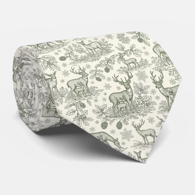 Green Toile Woodland Deer Christmas Pattern (3) Neck Tie (Rolled)