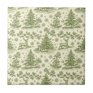 Green Toile Woodland Deer Christmas Pattern (4) Ceramic Tile