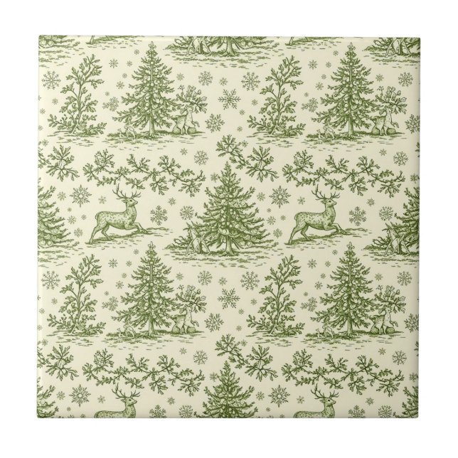 Green Toile Woodland Deer Christmas Pattern (4) Ceramic Tile (Front)