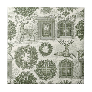 Green Toile Woodland Deer Christmas Pattern Ceramic Tile