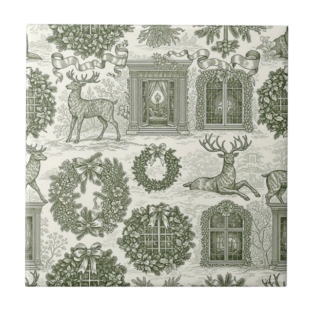 Green Toile Woodland Deer Christmas Pattern Ceramic Tile (Front)