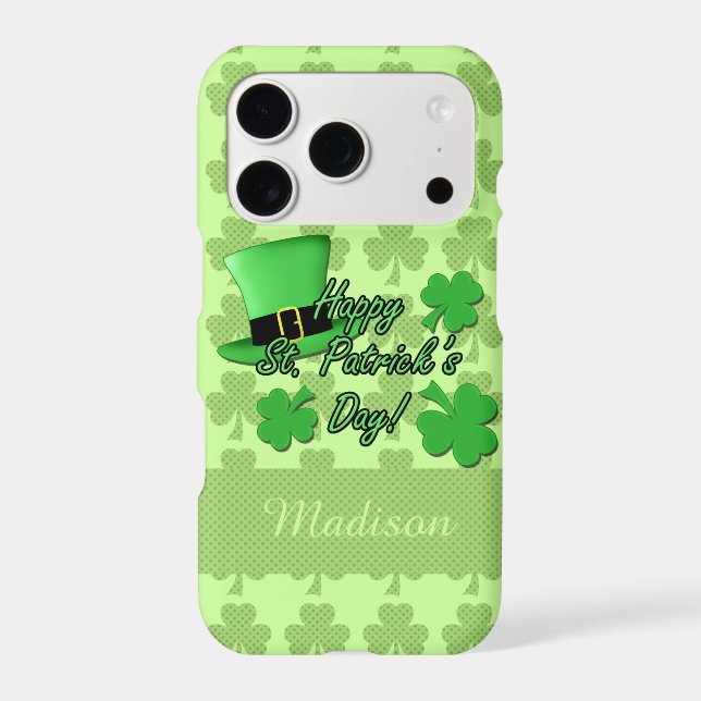 Green top hat Shamrocks St. Patricks Monogram name Iphone Case (Back)