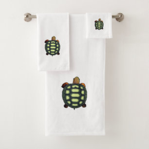 Green tortoise on white  bath towel set