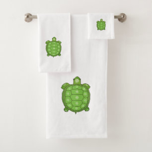 Green tortoise ornamented with flowers on white bath towel set