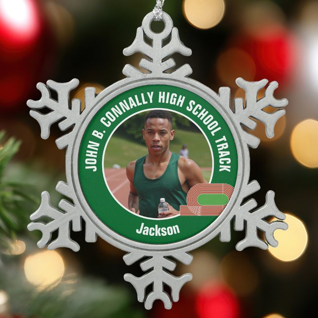 Green Track & Field Photo High School Athlete Snowflake Pewter Christmas Ornament (Creator Uploaded)