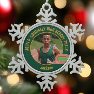 Green Track & Field Photo High School Runner Snowflake Pewter Christmas Ornament