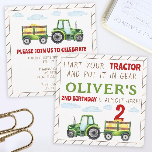 Green tractor 1st 2nd birthday boy invitation