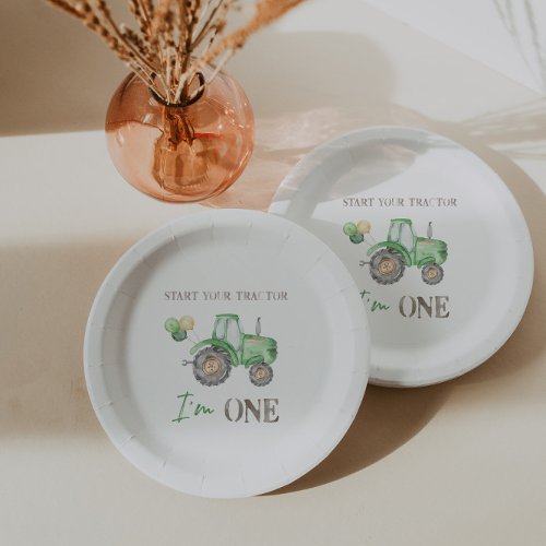 Green Tractor 1st Birthday Paper Plate