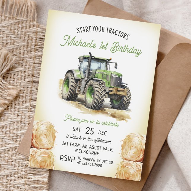 Green Tractor 1st Birthday Party  Invitation (Creator Uploaded)
