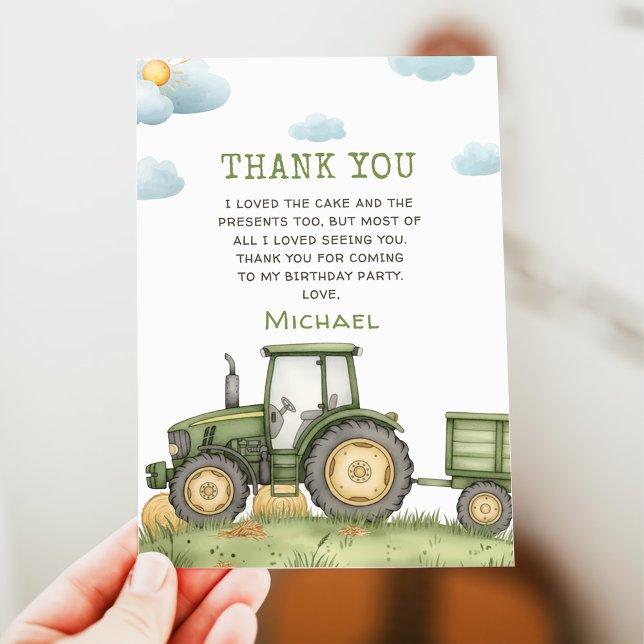 Green Tractor 1st Birthday Party Thank You Card (Creator Uploaded)