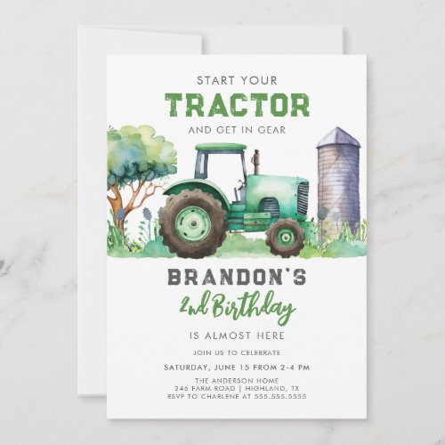 Green Tractor 2nd Birthday Invitation