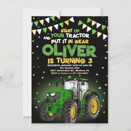 Green Tractor 5th Birthday Party Invitation