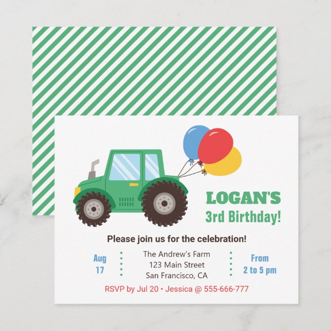 Green Tractor and Balloons Birthday Party Invitation (Front/Back)