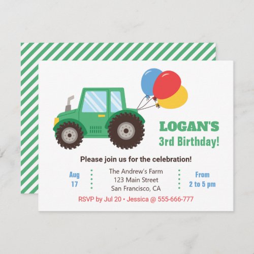 Green Tractor and Balloons Birthday Party Invitation