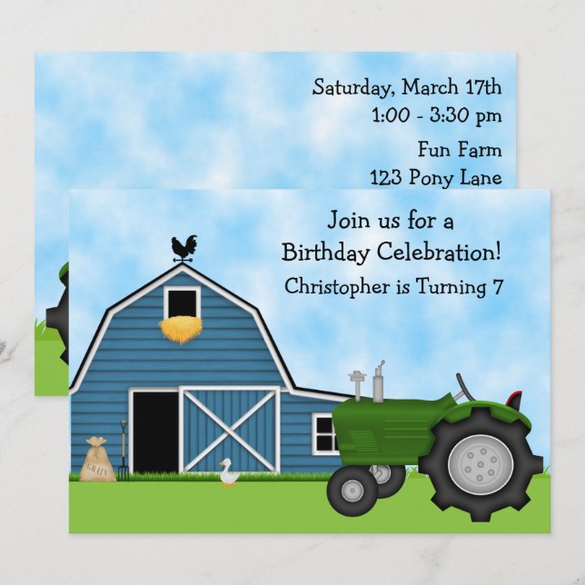 Green Tractor and Blue Barn Boys Birthday Invite (Front/Back)
