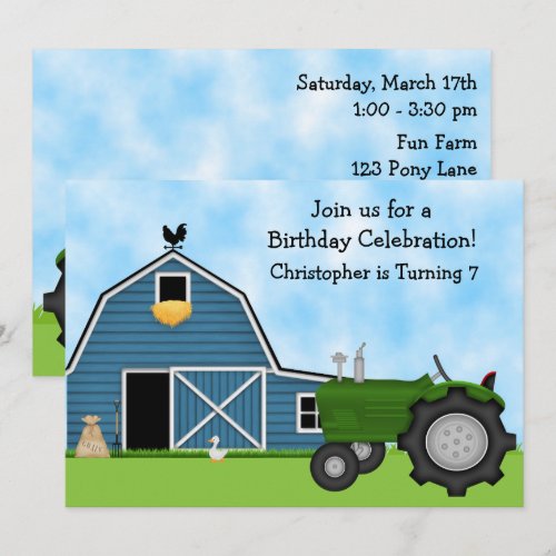 Green Tractor and Blue Barn Birthday Invite ~ Boys