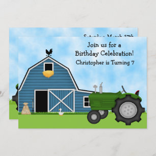 Green Tractor and Blue Barn Boys Birthday Invite