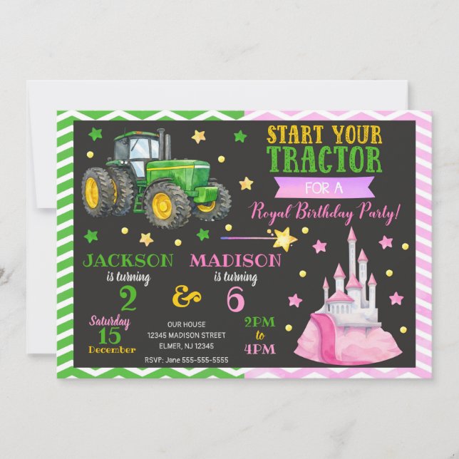 Green Tractor and Princess Joint Birthday Invitation (Front)