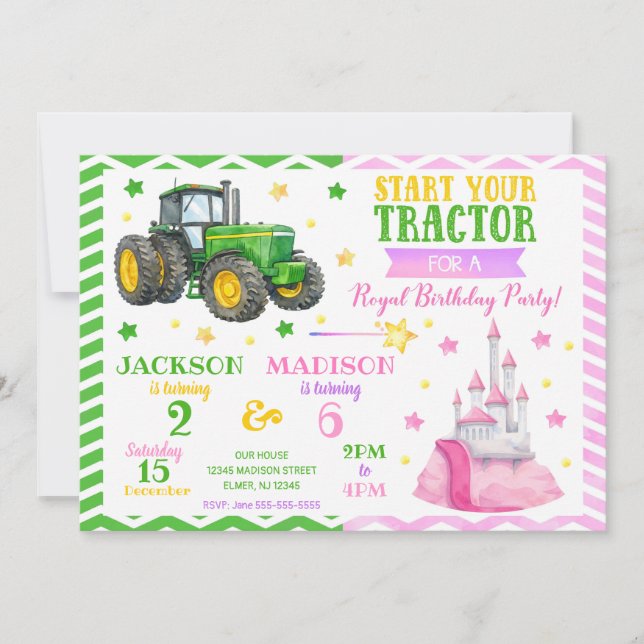 Green Tractor and Princess Joint Birthday Invitation (Front)