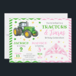 Green Tractor and Princess Joint Birthday Invitation<br><div class="desc">Tractor & Tiaras Birthday Invitation – You’re Invited to a Tractors and Tiaras Birthday Celebration Celebrate in style with this adorable Tractors & Tiaras birthday invitation, where country charm meets princess sparkle! Featuring a detailed green farm tractor on one side and a delicate pink tiara surrounded by stars on the...</div>