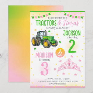 Green Tractor and Princess Siblings Joint Birthday Invitation