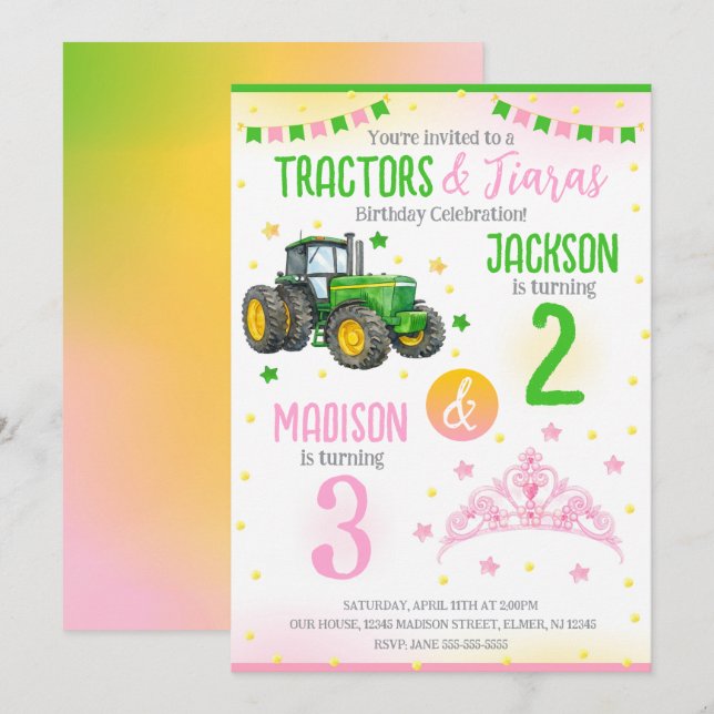Green Tractor and Princess Siblings Joint Birthday Invitation (Front/Back)
