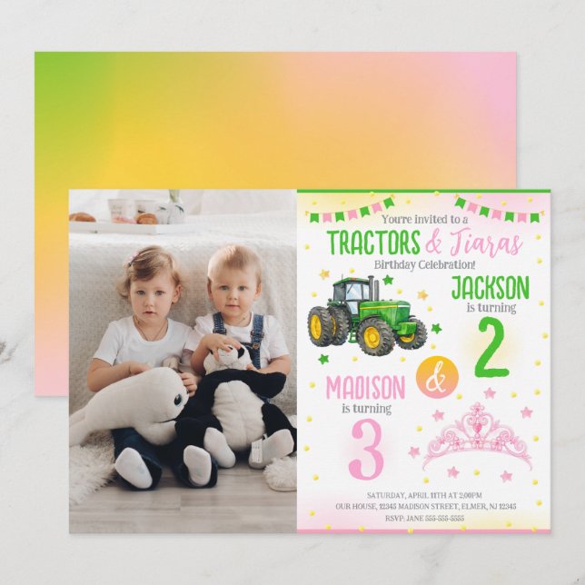 Green Tractor and Princess Siblings Joint Birthday Invitation (Front/Back)