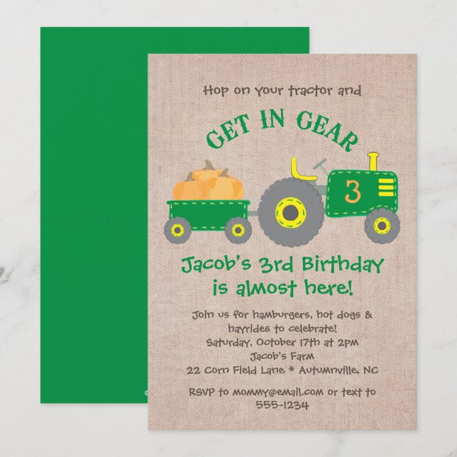 Green Tractor and Pumpkins Fall Birthday Boy Party Invitation (Front/Back)
