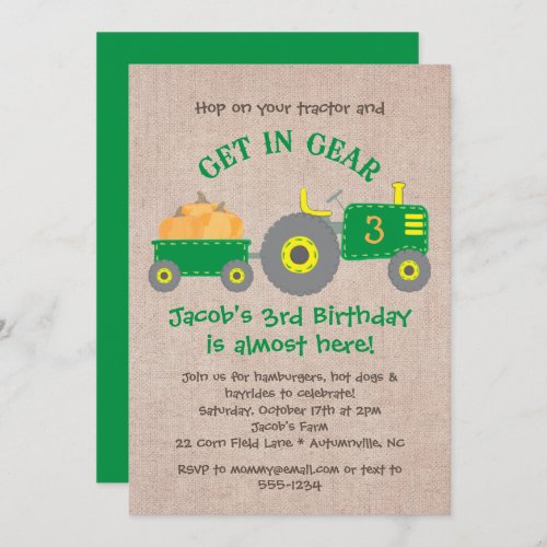 Green Tractor and Pumpkins Fall Birthday Boy Party Invitation