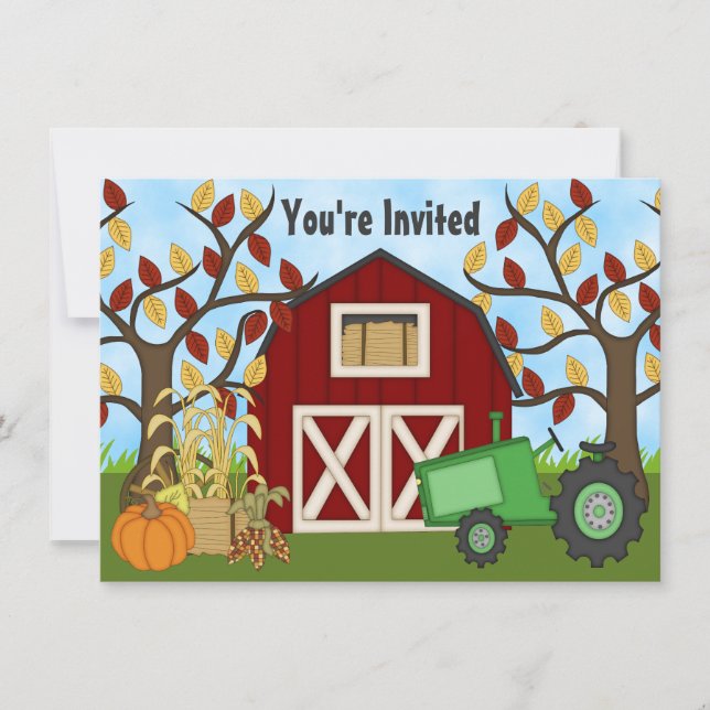 Green Tractor and Red Barn Autumn Farm Birthday Invitation (Front)