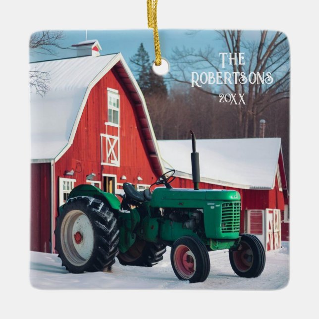  Green Tractor and Red Barn Ceramic Ornament (Front)