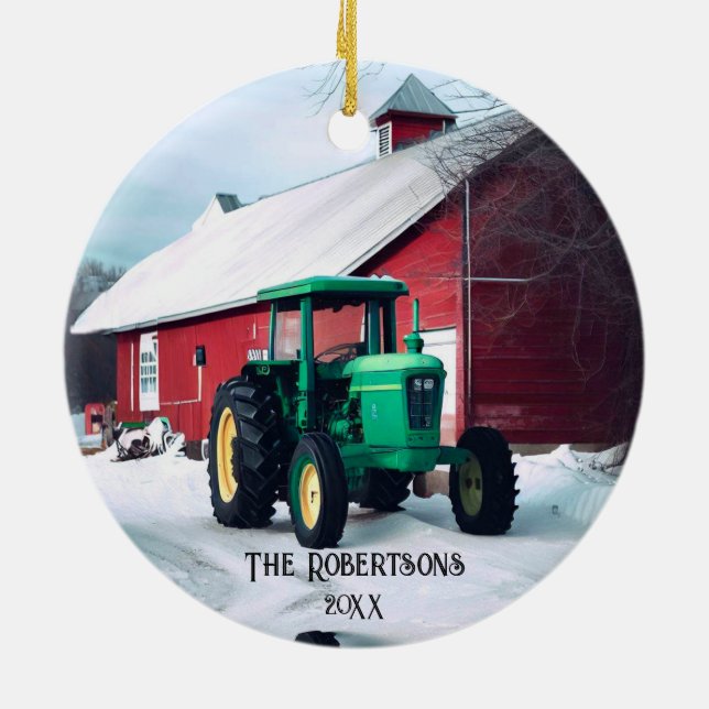  Green Tractor and Red Barn Ceramic Ornament (Back)