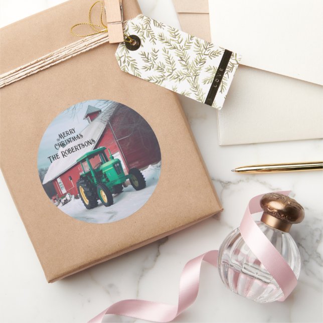  Green Tractor and Red Barn Classic Round Sticker (Gifting)