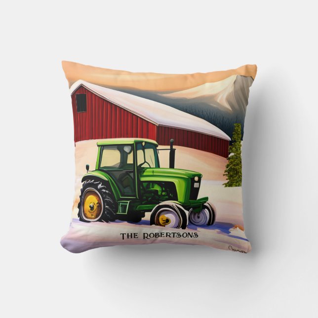  Green Tractor and Red Barn Throw Pillow (Front)