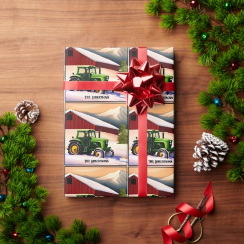  Green Tractor and Red Barn Wrapping Paper