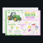 Green Tractor and Unicorn Joint Birthday Invitation<br><div class="desc">Tractor & Unicorn Birthday Invitation – Start Your Tractor for a Magical Party Rev up the fun and add a touch of sparkle with this adorable Tractor & Unicorn birthday invitation! Featuring a realistic green farm tractor on one side and a sweet watercolor unicorn surrounded by stars on the other,...</div>