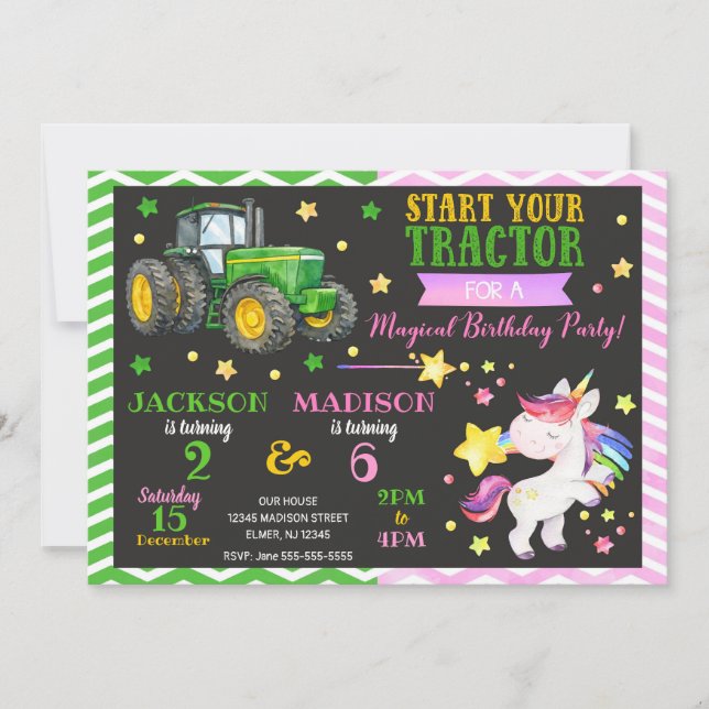Green Tractor and Unicorn Joint Birthday Invitation (Front)