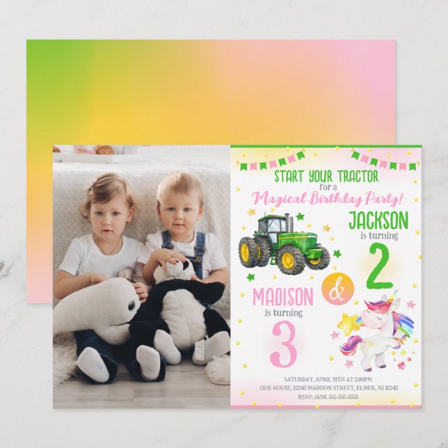 Green Tractor and Unicorn Siblings Joint Birthday Invitation (Front/Back)