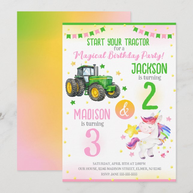 Green Tractor and Unicorn Siblings Joint Birthday Invitation (Front/Back)