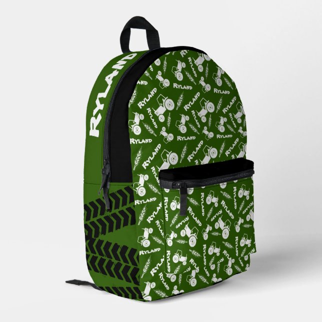 Green tractor and wheat graphic personalized printed backpack (Back Corner Left)