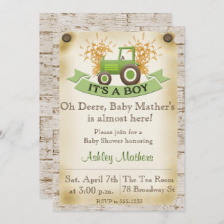 Green Tractor Baby Boy Shower Invitation
