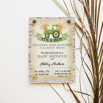 Green Tractor Baby Boy Shower Invitation by SugSpc_Invitations at Zazzle