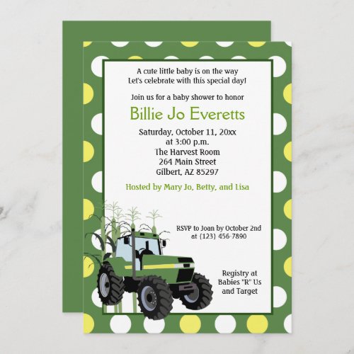 Green Tractor Baby Shower 5x7 Invitation