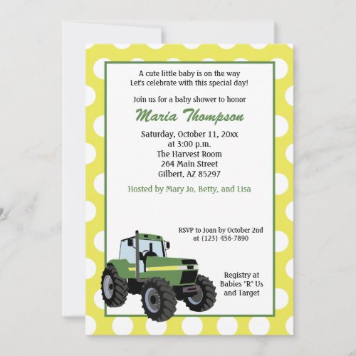 Green Tractor Baby Shower 5x7 Invitation Yellow