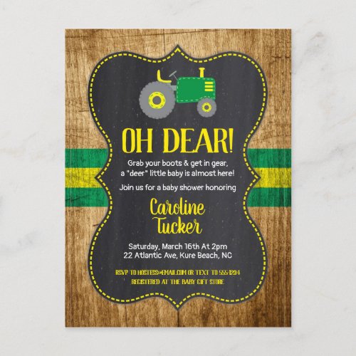 Green Tractor Baby Shower Invitation Postcard