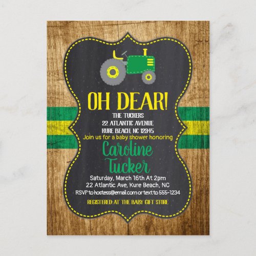 Green Tractor Baby Shower Invitation Postcard