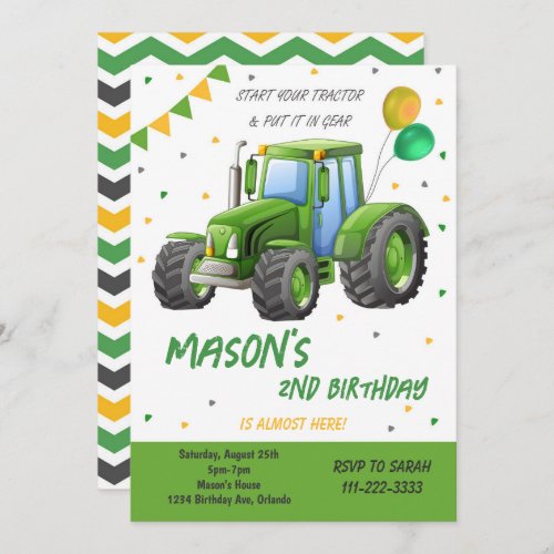 Green Tractor Balloon Birthday Invitation