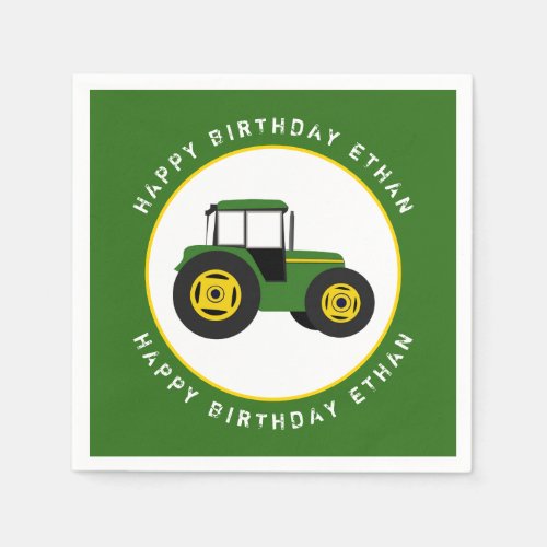 Green Tractor Birthday Custom  Napkins
