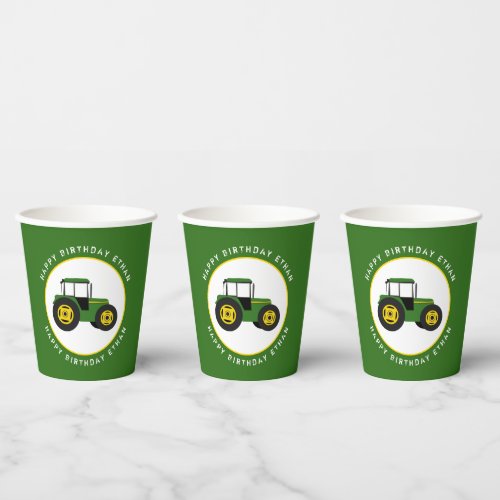 Green Tractor Birthday Custom Paper Cups
